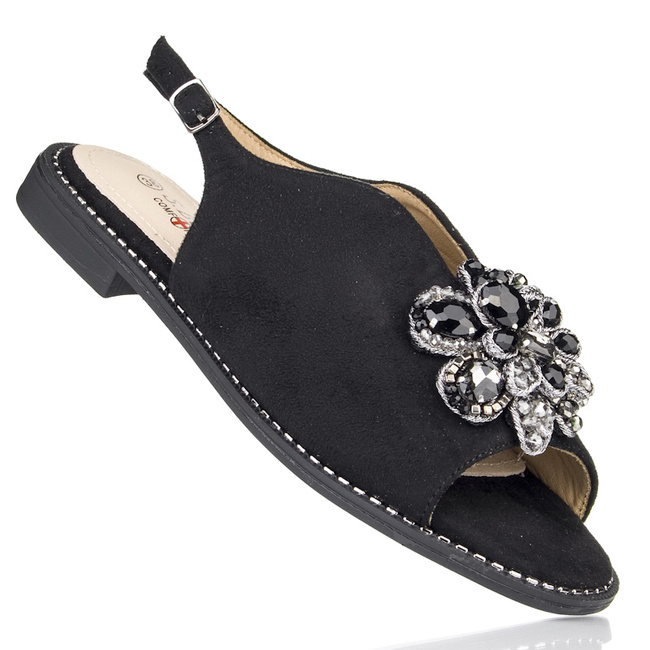 Czarne sandały damskie z ozdobą biżuterią S.Barski 001 black płaskie