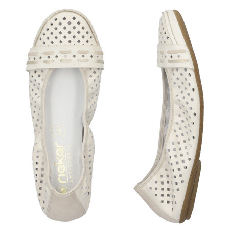 Beżowe baleriny ażurowe skórzane damskie Rieker 41430-60 beige