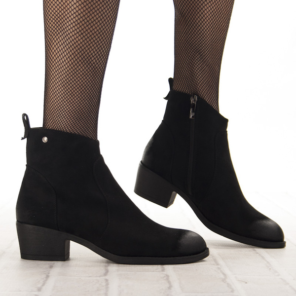 Zamszowe botki damskie Potocki 12751BK czarne ocieplone wygodne