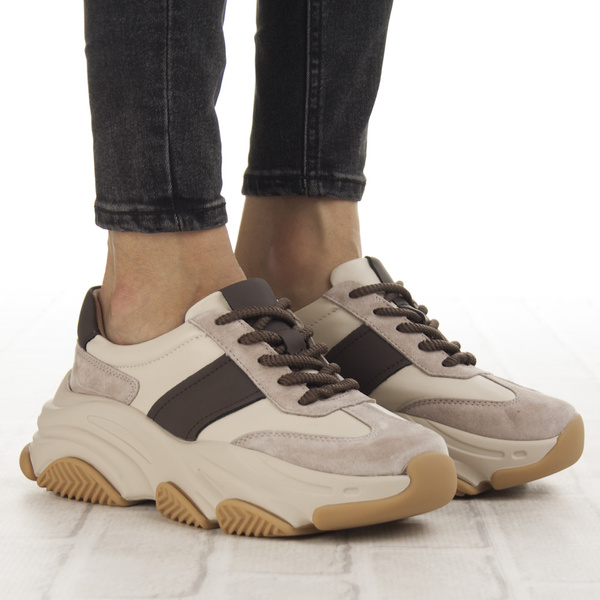 Beżowe sneakersy na platformie damskie Filippo DP7113 BE skórzane
