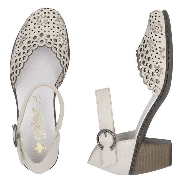 Ażurowe półbuty na obcasie damskie Rieker 40902-60 beige beżowe
