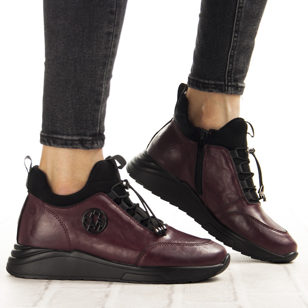 Bordowe Botki na platformie damskie Filippo DBT7168/25 BG skórzane