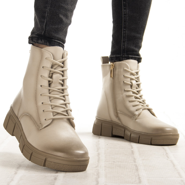 Beżowe Botki damskie Potocki 19319BG ciepłe na grubej podeszwie