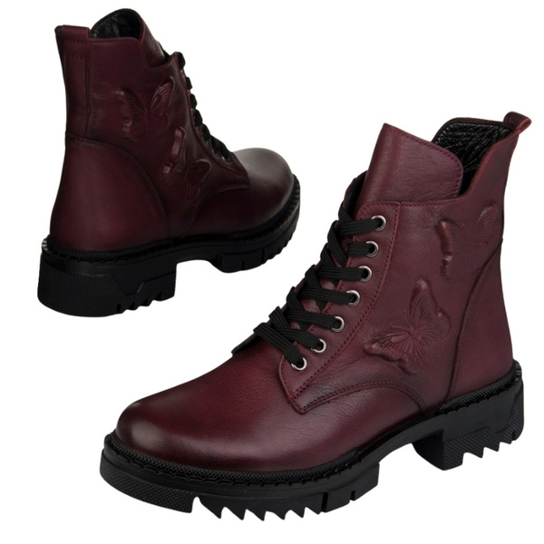 Bordowe botki na grubej podeszwie Artiker 57C2297 skórzane ocieplone