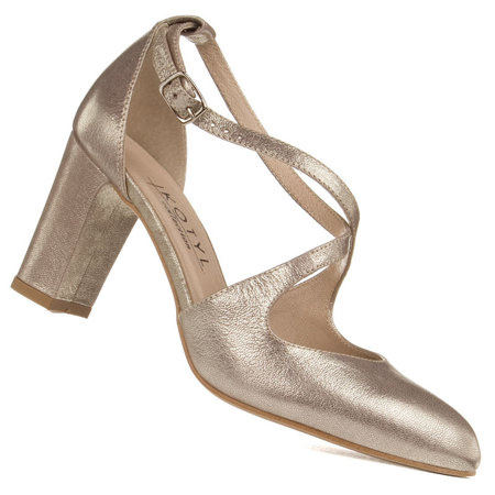 Złote czółenka na słupku Kotyl 7080 złoty ef buty skórzane ślubne