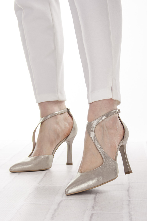 Złote szpilki z paskami damskie Kotyl 8507 złoty ef skórzane