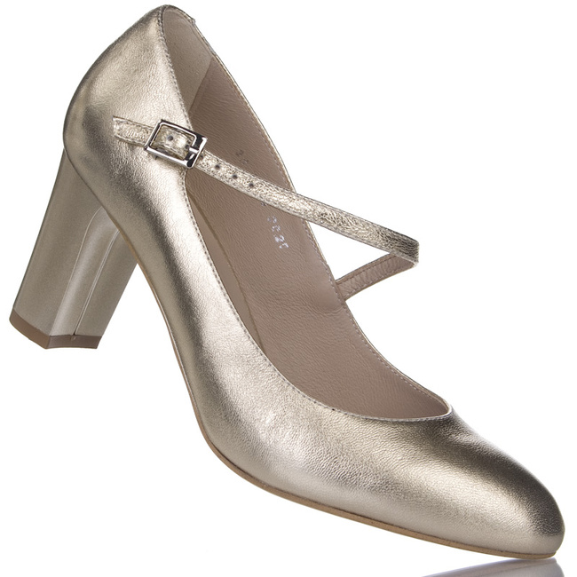 Złote czółenka na słupku skórzane damskie Kotyl 7113 złoty lico