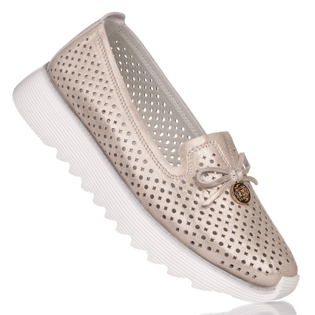 Złote mokasyny ażurowe damskie D&A Barski LR51-631 gold skórzane