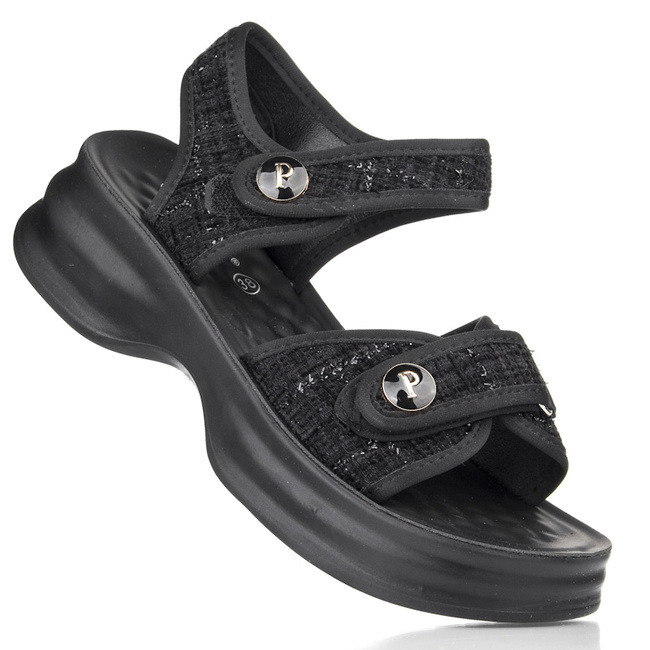 Czarne sandały damskie na platformie Potocki 105301BK na rzepy