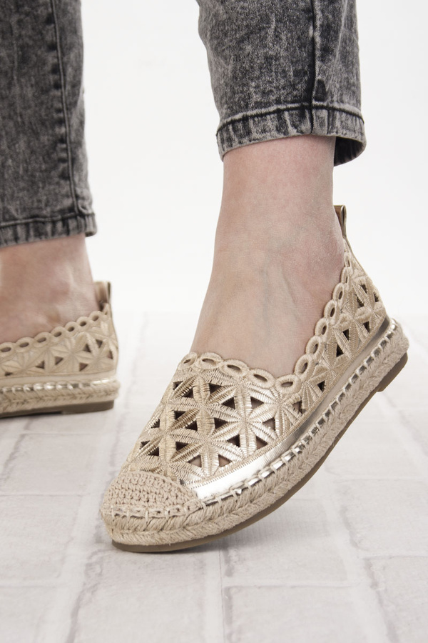 Espadryle damskie Potocki 16348GD złote materiałowe lekkie ażurowe 