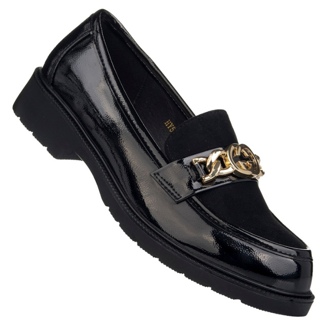 Czarne półbuty z ozdobą S Barski 540 damskie buty lakierowane