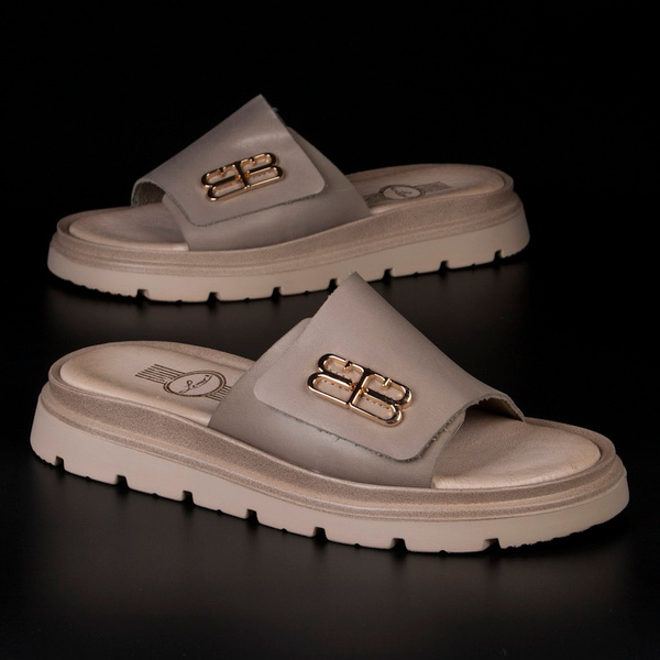 Polskie skórzane klapki damskie Lemar 40442 BF. Taupe beżowe wygodne