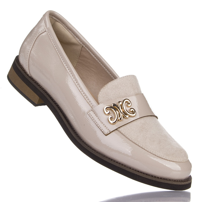 Eleganckie półbuty loafersy damskie Potocki 12570 beżowe lakierowane