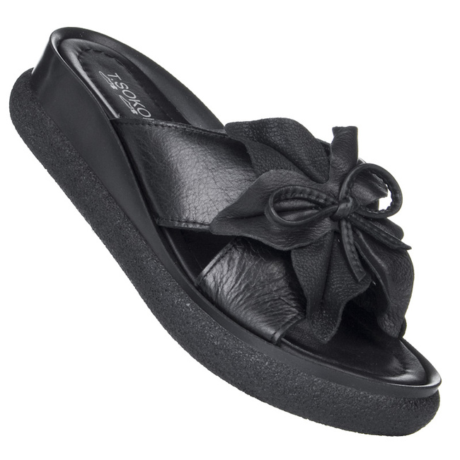 Czarne klapki na platformie skórzane T. Sokolski 483 black z kokardką