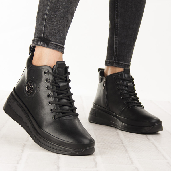 Czarne Botki na platformie damskie Filippo DBT4215/25 BK BK skórzane