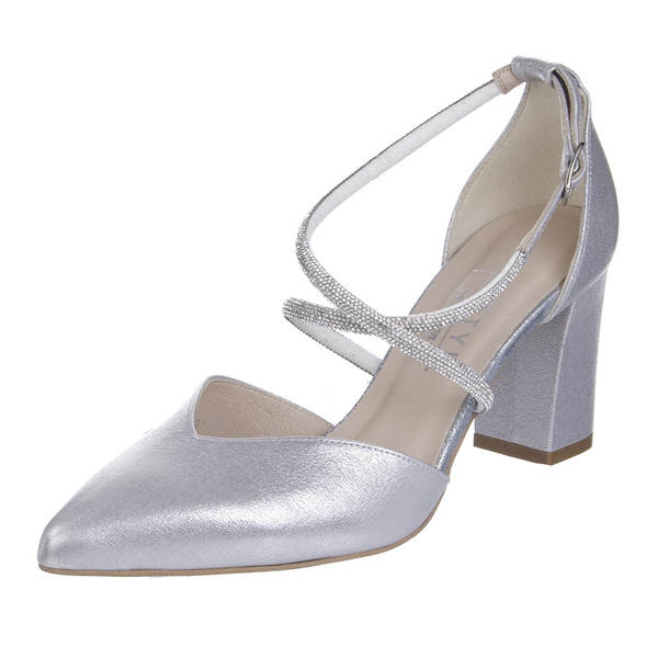 Srebrne czółenka damskie Kotyl 3739 srebrny ef skórzane buty ślubne