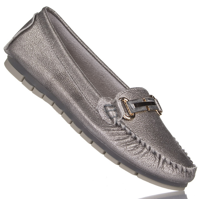 Srebrne mokasyny damskie D&A Barski LR51-546 pewter skórzane