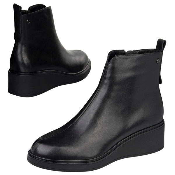Czarne botki koturnie damskie Filippo DBT7446/25 BK skórzane ocieplone