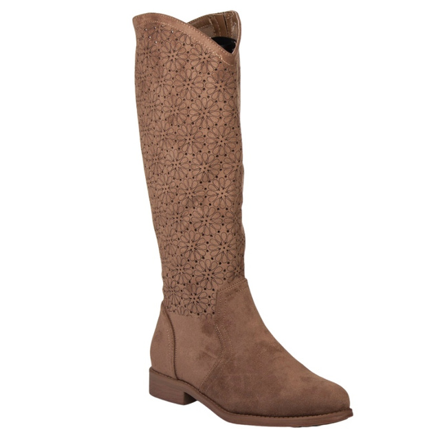 Ażurowe kozaki S. Barski HY52-533 coffee zamszowe brązowe beżowe