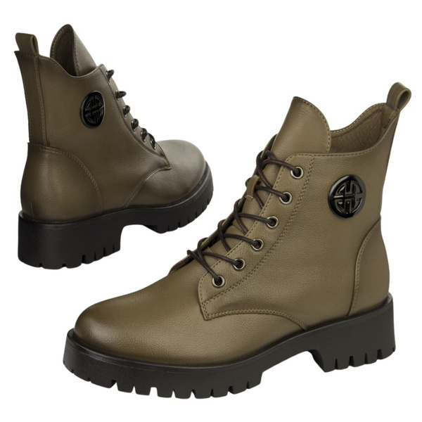 Botki khaki damskie Potocki 12672KH zielone na grubej podeszwie ocieplone