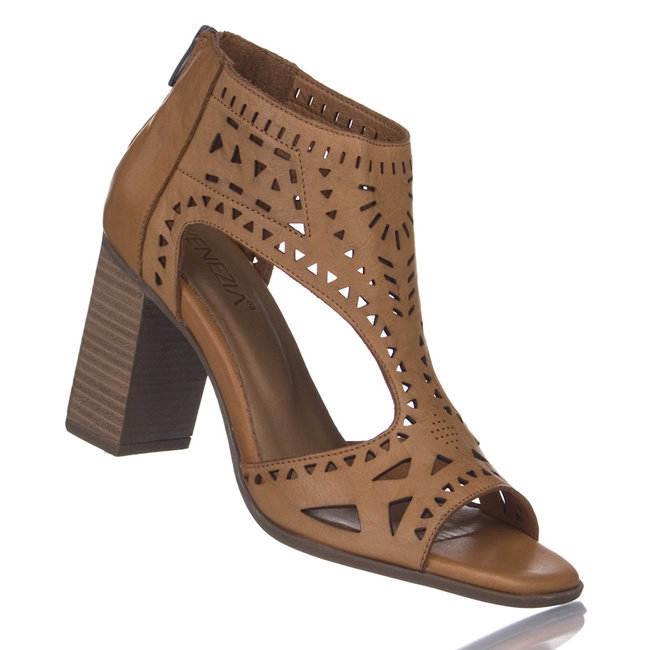 Brązowe sandały na słupku damskie Venezia A009LEBROBS118 skórzane