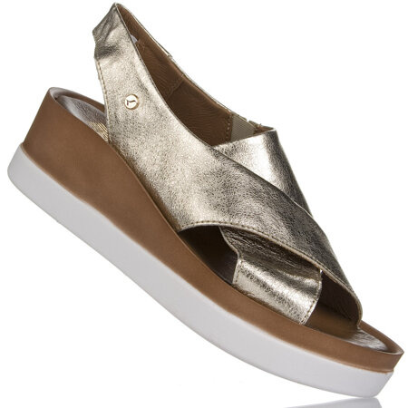 Sandały na koturnie złote damskie Lemar 40256 kryształ złoto skórzane