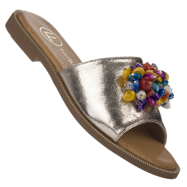 Złote Klapki damskie płaskie Filippo DK6233/25 GO koraliki