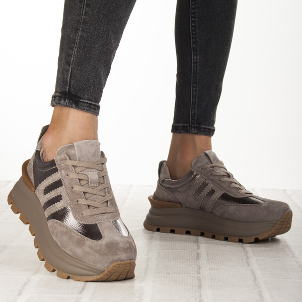 Beżowe sneakersy na platformie damskie Filippo DP7408 TP skórzane