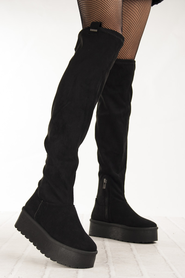 Czarne Kozaki damskie Big Star SS274264 za kolano elastyczne na platformie