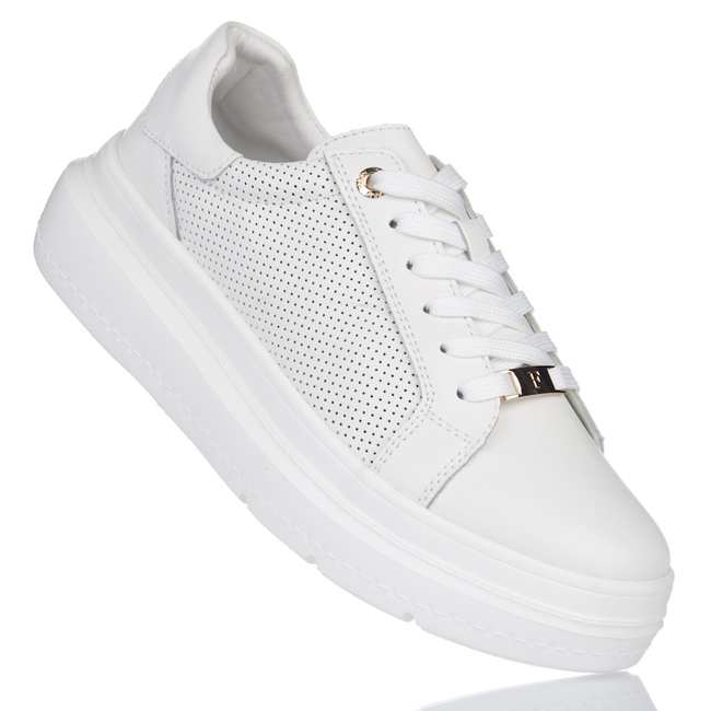 Białe sneakersy na platformie ażurowe damskie Filippo 6731 skórzane