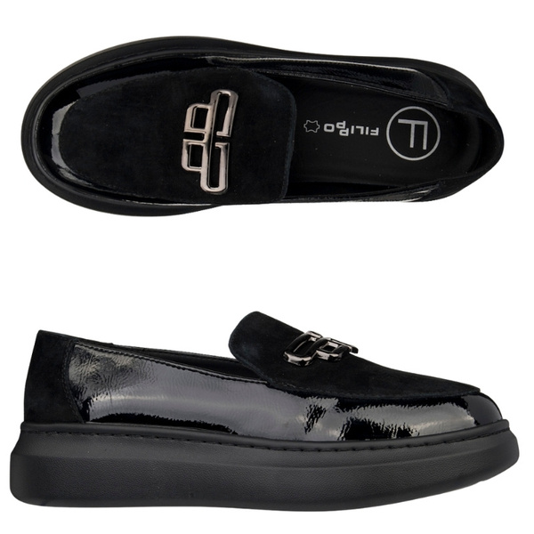 Lakierowane mokasyny damskie Filippo DP7216/25 BK czarne z ozdobą