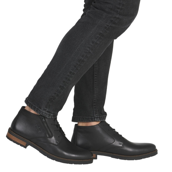 Skórzane Trzewiki męskie Rieker 14609-00 czarne przejściowe botki wiązane