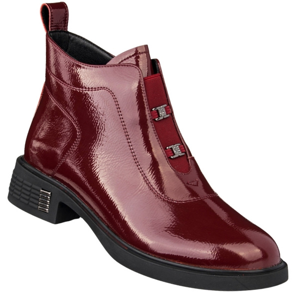 Lakierowane Botki z ozdobami D&A S.Barski MR52-118 wine bordowe skórzane