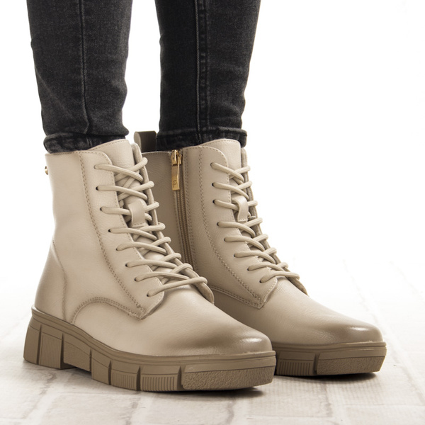 Beżowe Botki damskie Potocki 19319BG ciepłe na grubej podeszwie