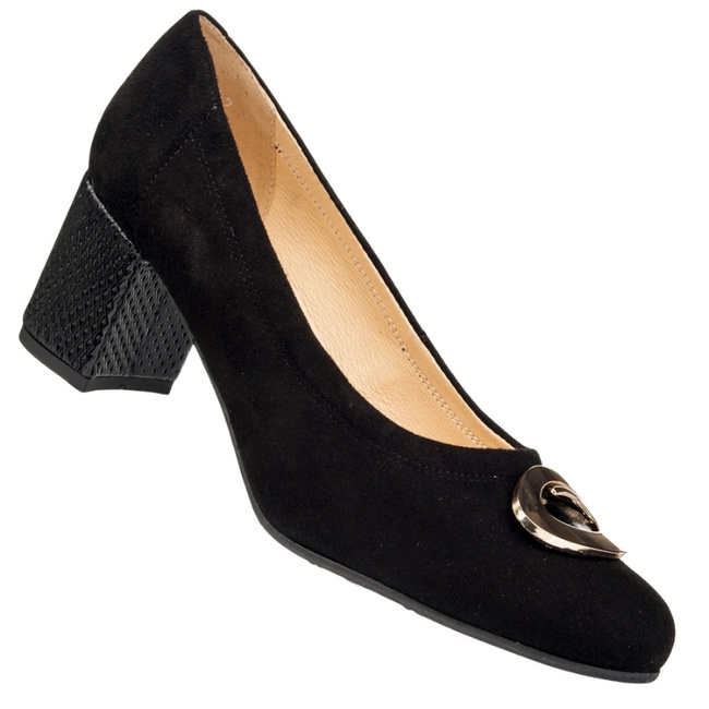 Czarne czółenka zamszowe na słupku Bioeco Arka 6942 skórzane z ozdobą