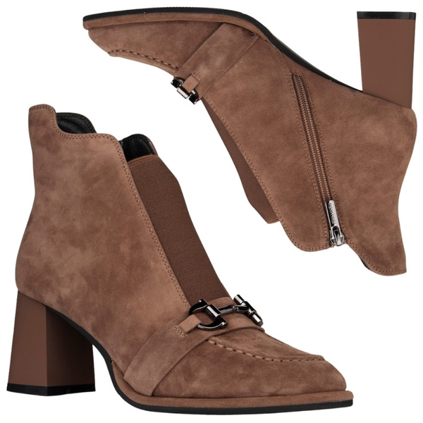 Brązowe Botki na słupku damskie Artiker 57C0221 zamszowe eleganckie