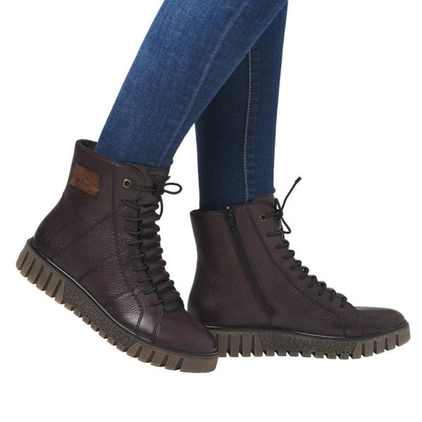 Skórzane Botki damskie Rieker Y3421-35 bordowe wygodne ocieplone