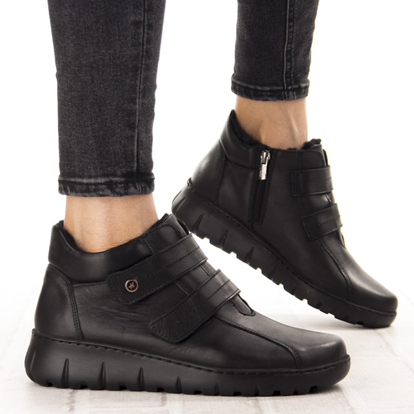 Skórzane Botki damskie na rzepy Helios 783/011 czarne na haluksy POLSKIE