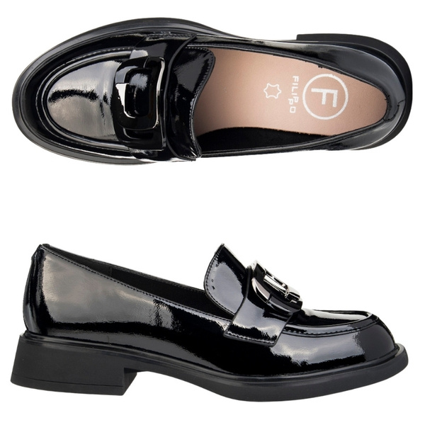 Lakierowane lordsy damskie Filippo DP6186/25 BK czarne z ozdobą