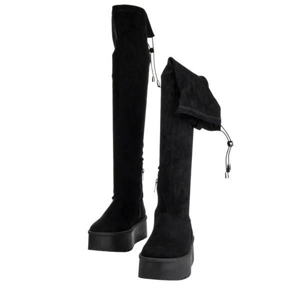 Czarne Kozaki damskie Big Star SS274264 za kolano elastyczne na platformie