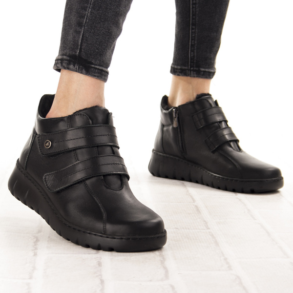 Skórzane Botki damskie na rzepy Helios 783/011 czarne na haluksy POLSKIE