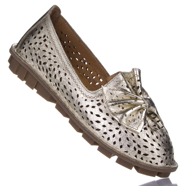 Złote mokasyny ażurowe z kokardą Venezia E136LEGOOBM029 gold skórzane