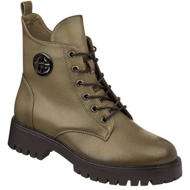 Botki khaki damskie Potocki 12672KH zielone na grubej podeszwie ocieplone