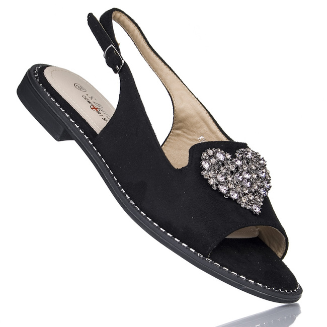 Czarne sandały damskie z ozdobą biżuterią S.Barski 018 black płaskie