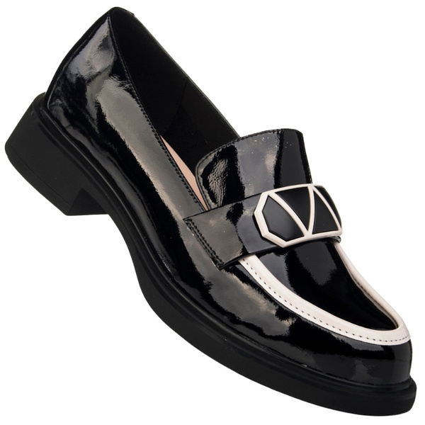 Lakierowane lordsy damskie Filippo DP6928/25 BK WH czarne z ozdobą