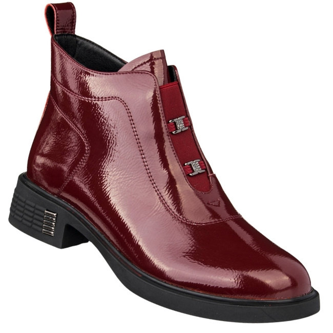 Lakierowane Botki z ozdobami D&A S.Barski MR52-118 wine bordowe skórzane