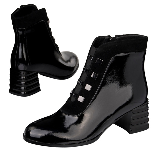 Lakierowane Botki damskie D&A S.Barski MR52-144 czarne skórzane