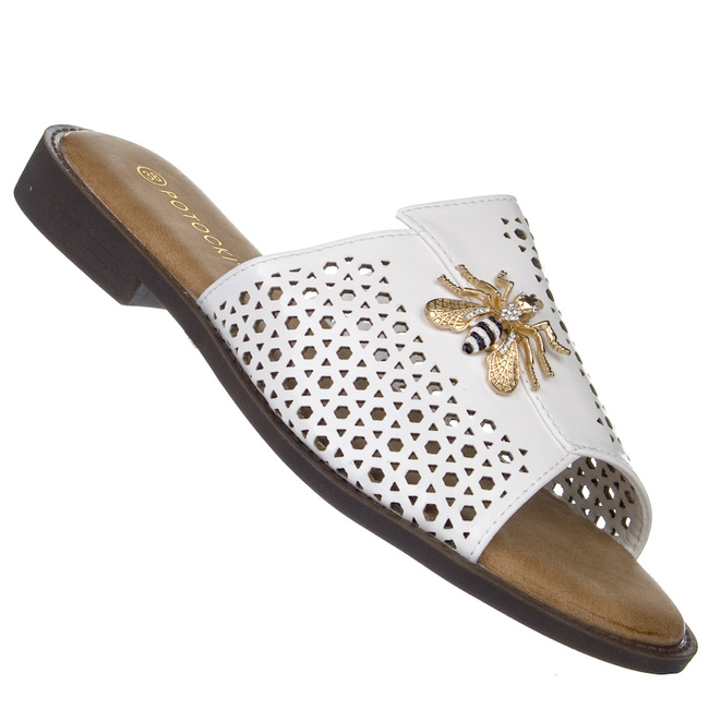 Białe Klapki damskie Potocki 21368WH z ozdobą ażurowe